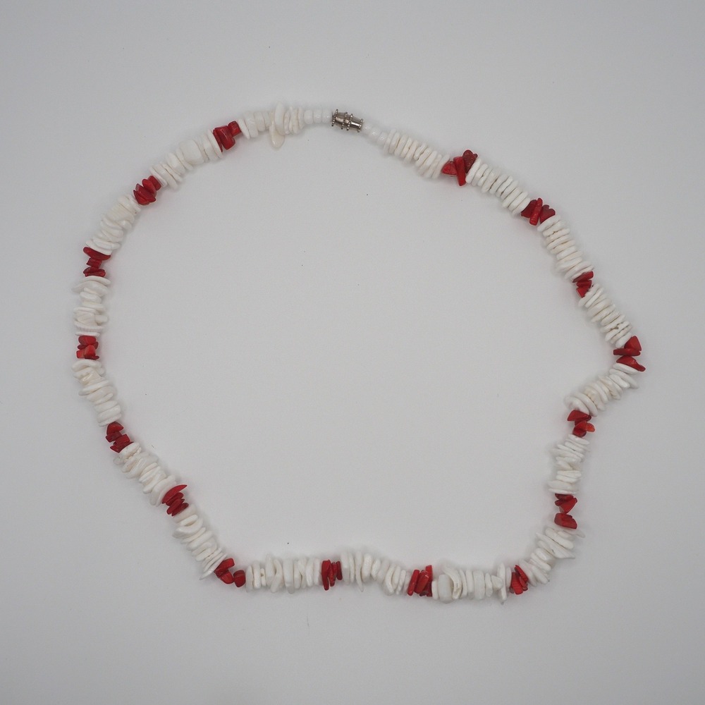 Artisan Chip Shell Necklace White Red 19" Handmade Barrel Clasp Surfer Beach